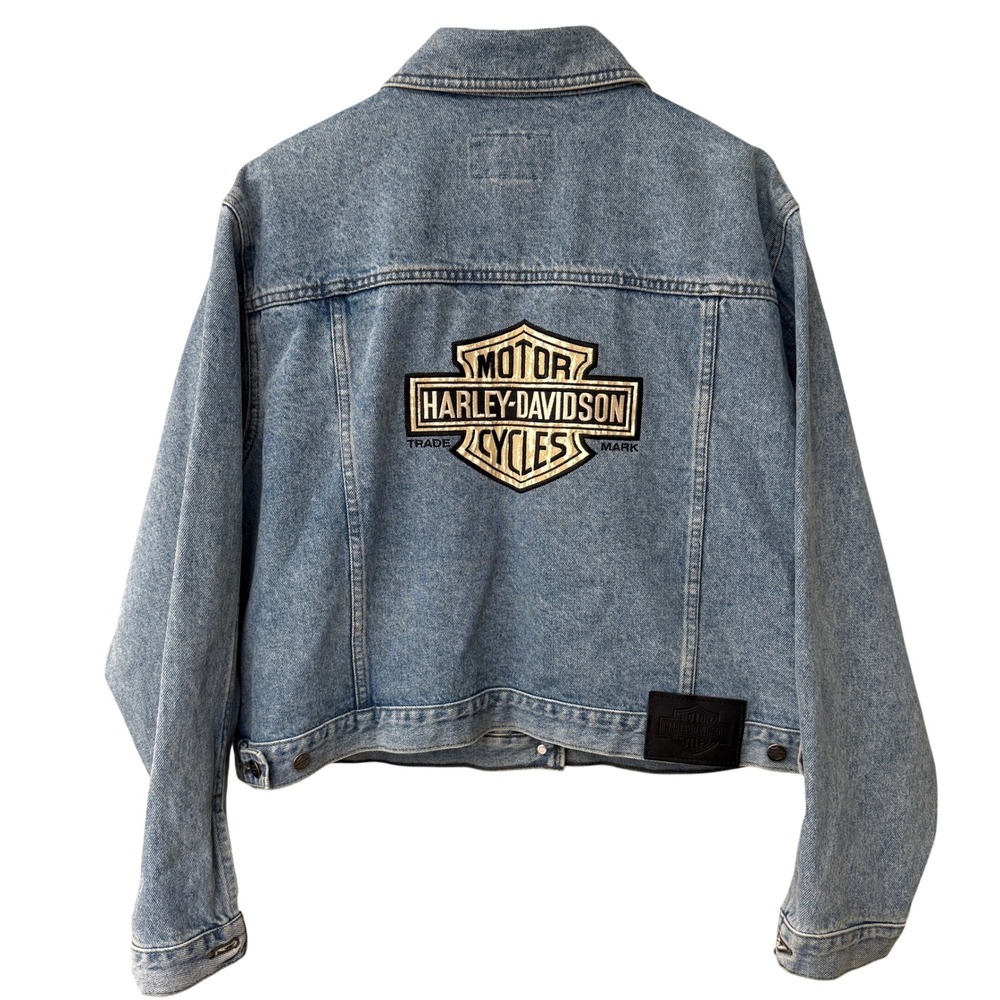 Vintage Harley Davidson Womens Embroidered Logo Denim Jean Jacket Size 2W Pins
